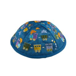 Embroidered Trains Kippah Kids  Blue 19cm